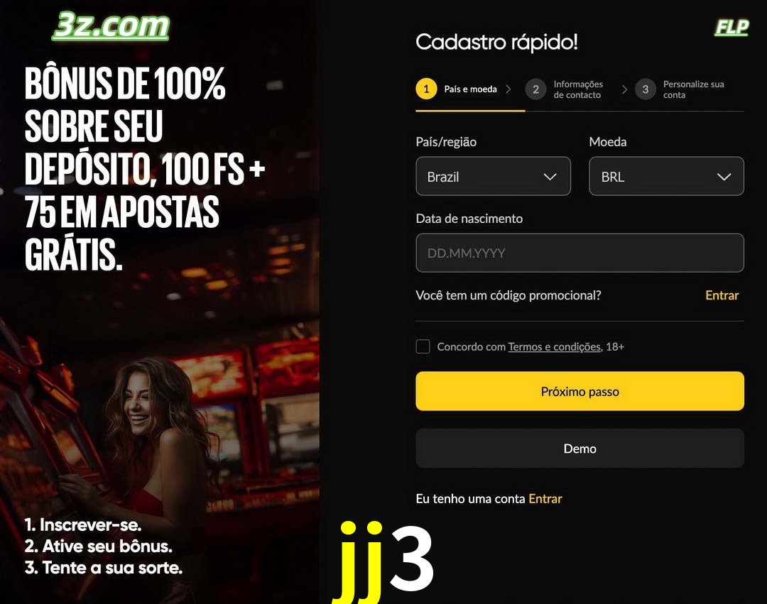 jj3 registro oficial cassino online Brasil com bônus de depósito e free spins
